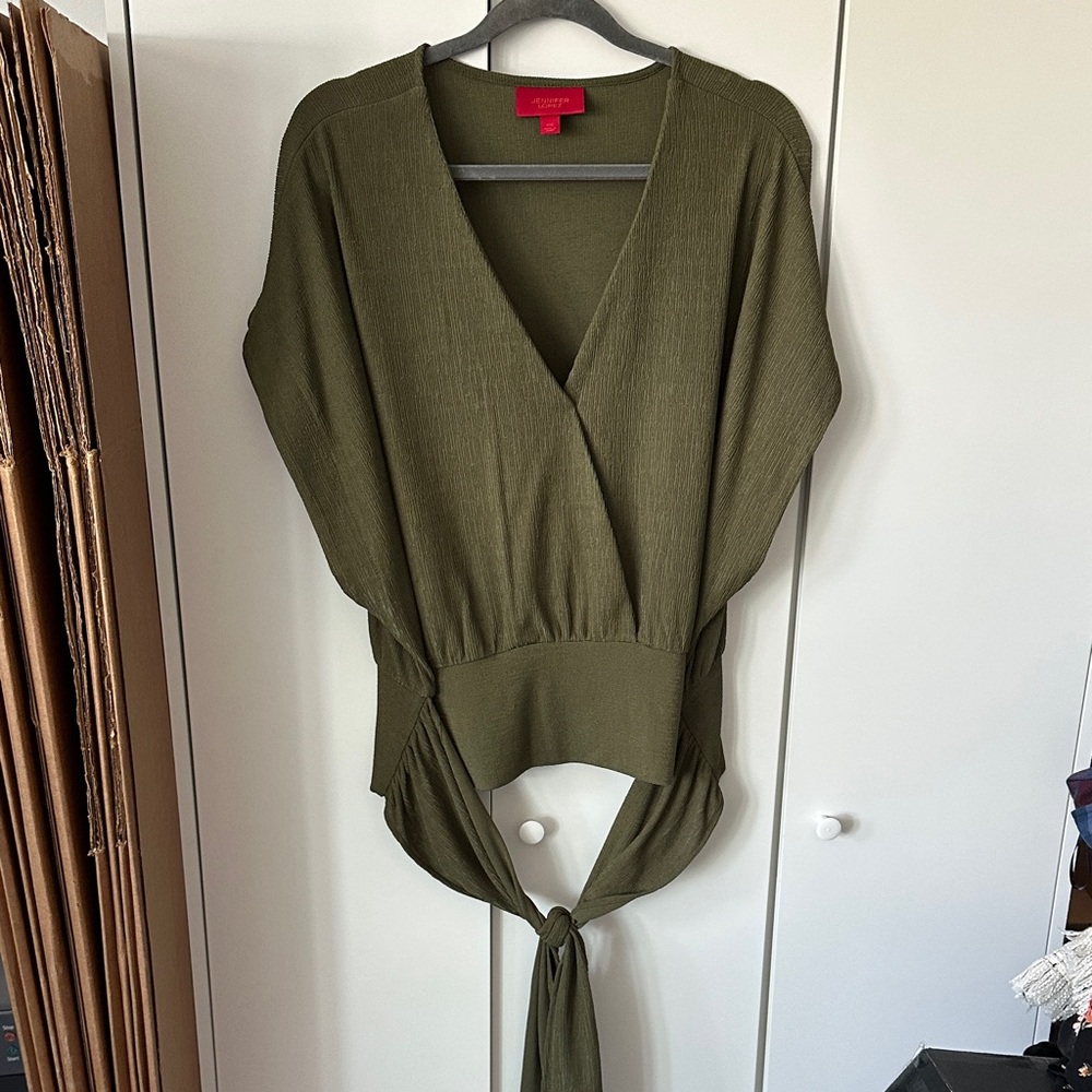Jennifer Lopez Deep Olive Tie-Front Blouse